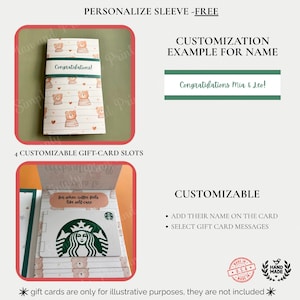 May include: A customizable gift card sleeve featuring a bear pattern and a green band with the text Congratulations. The interior includes four slots for gift cards, with one slot displaying the text for when coffee feels like self-care.