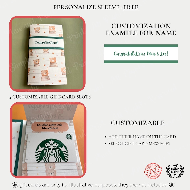 May include: A customizable gift card sleeve featuring a bear pattern and a green band with the text Congratulations. The interior includes four slots for gift cards, with one slot displaying the text for when coffee feels like self-care.