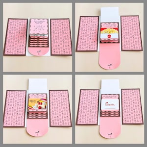 Waterfall birthday gift card holder book in pink and brown with pull tab showing multiple gift cards including Starbucks, Chipotle, Cheesecake Factory, and Panera. Handmade DIY birthday card, perfect grandmother gift, college survival kit, coworker present, or daughter gift.
