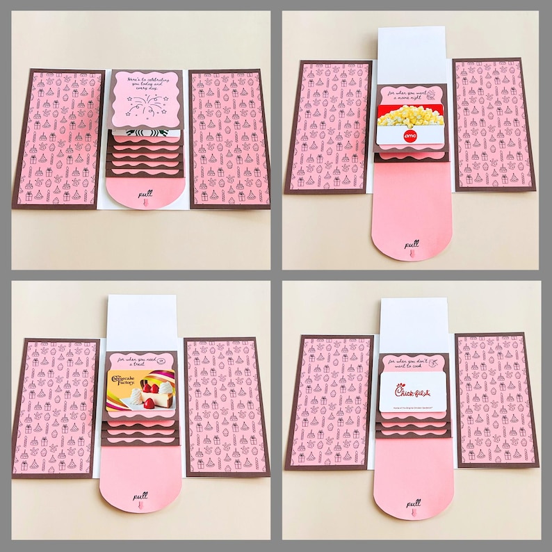 Waterfall birthday gift card holder book in pink and brown with pull tab showing multiple gift cards including Starbucks, Chipotle, Cheesecake Factory, and Panera. Handmade DIY birthday card, perfect grandmother gift, college survival kit, coworker present, or daughter gift.