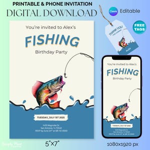 Invitation d'anniversaire de pêche sur toile modifiable pour mobile inviter ado anniversaire de pêche garçon modèle de fête de pêche 5 x 7 carte souvenir étiquette de pêche A4