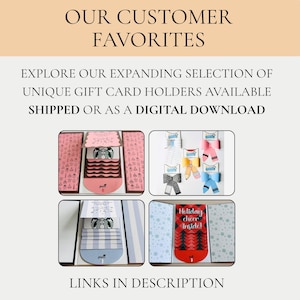 May include: A collection of gift card holders featuring various designs including pink, blue, and red patterns. The text reads OUR CUSTOMER FAVORITES, EXPLORE OUR EXPANDING SELECTION OF UNIQUE GIFT CARD HOLDERS AVAILABLE SHIPPED OR AS A DIGITAL DOWNLOAD.