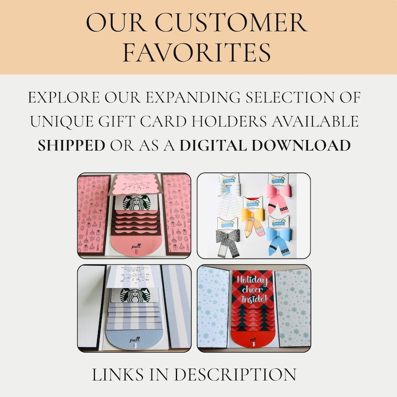 May include: A collection of gift card holders featuring various designs including pink, blue, and red patterns. The text reads OUR CUSTOMER FAVORITES, EXPLORE OUR EXPANDING SELECTION OF UNIQUE GIFT CARD HOLDERS AVAILABLE SHIPPED OR AS A DIGITAL DOWNLOAD.