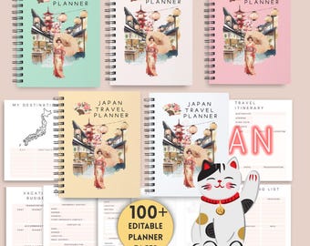 Peut inclure: Plusieurs planificateurs de voyage au Japon à spirales aux couleurs pastel. Chaque couverture présente une illustration à l'aquarelle d'une geisha avec un parapluie. Des pages supplémentaires incluent une carte, un itinéraire et un chat porte-bonheur.