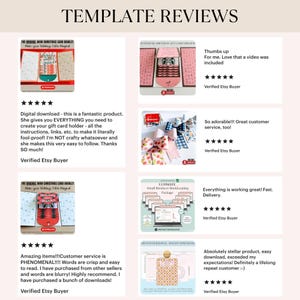 May include: A webpage displaying customer reviews for digital templates. The reviews feature product images, star ratings, and customer testimonials. The products include Christmas card booklets, gift card holders, and bookkeeping packages.