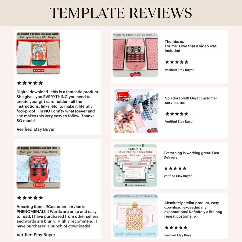 May include: A webpage displaying customer reviews for digital templates. The reviews feature product images, star ratings, and customer testimonials. The products include Christmas card booklets, gift card holders, and bookkeeping packages.