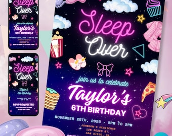 Sleepover birthday invitation slumber party invite neon pajama party retro sleepover template editable canva digital download card