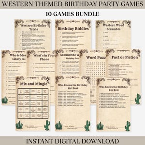 Pacchetto di giochi per feste di compleanno western per adulti, giochi stampabili per feste estive da cowboy, quiz, chi mi conosce, bingo, rompighiaccio, rodeo