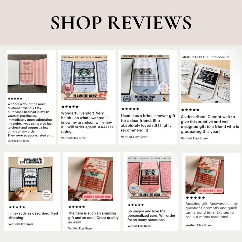May include: A collection of eight customer reviews for handmade gift card booklets displayed in a grid. Each review features a five-star rating, a photograph of a multi-layered paper gift card holder, and text describing the product as a gift.
