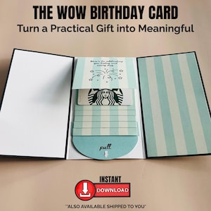 May include: A birthday card with the text "THE WOW BIRTHDAY CARD" and "Turn a Practical Gift into Meaningful". The card has a light blue and white striped design and includes a gift card. The card also says "INSTANT DOWNLOAD".