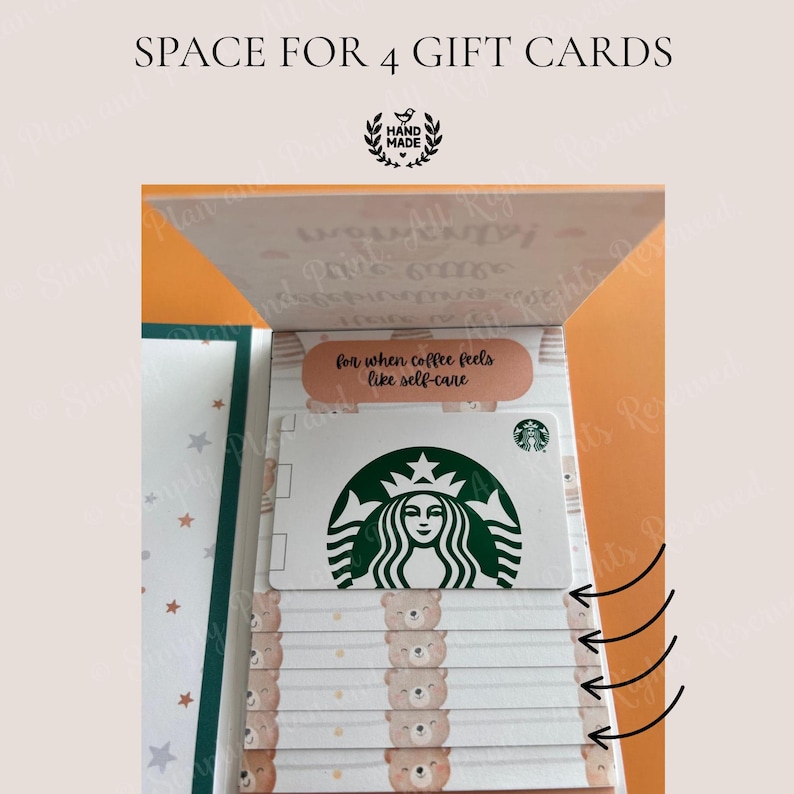 May include: A paper gift card holder with the text SPACE FOR 4 GIFT CARDS at the top. The holder features a bear pattern and a label that reads for when coffee feels like self-care. A Starbucks gift card is inserted into one of the slots.