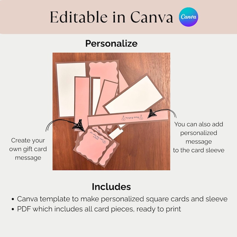 May include: A collection of pink and white card pieces, including rectangles and scalloped squares, arranged on a wooden surface. The image includes text that says "Editable in Canva" and "Personalize". The cards are for creating personalized gift card messages.
