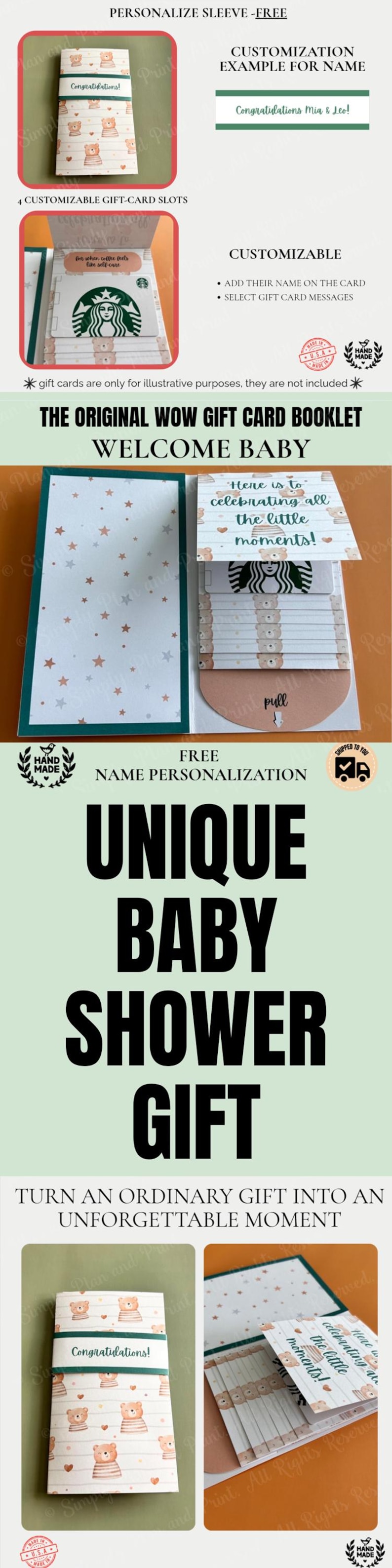 May include: A customizable gift card booklet featuring a bear-patterned sleeve and interior. The booklet includes slots for gift cards, pull-out tabs, and text that reads "Congratulations!", "Here is to celebrating all the little moments!", and "pull".