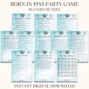 Geboren in 1955 Geburtstag 70er Party Spiel Bundle Trivia herunterladbares Spiel druckbares Bundle 70er Jahre Aktivität Idee Baby Boomer Geburtstag für Erwachsene digital