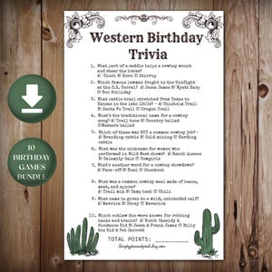 Western Birthday Party Games Bundle Cowboy Trivia Bingo Printable Digital Download