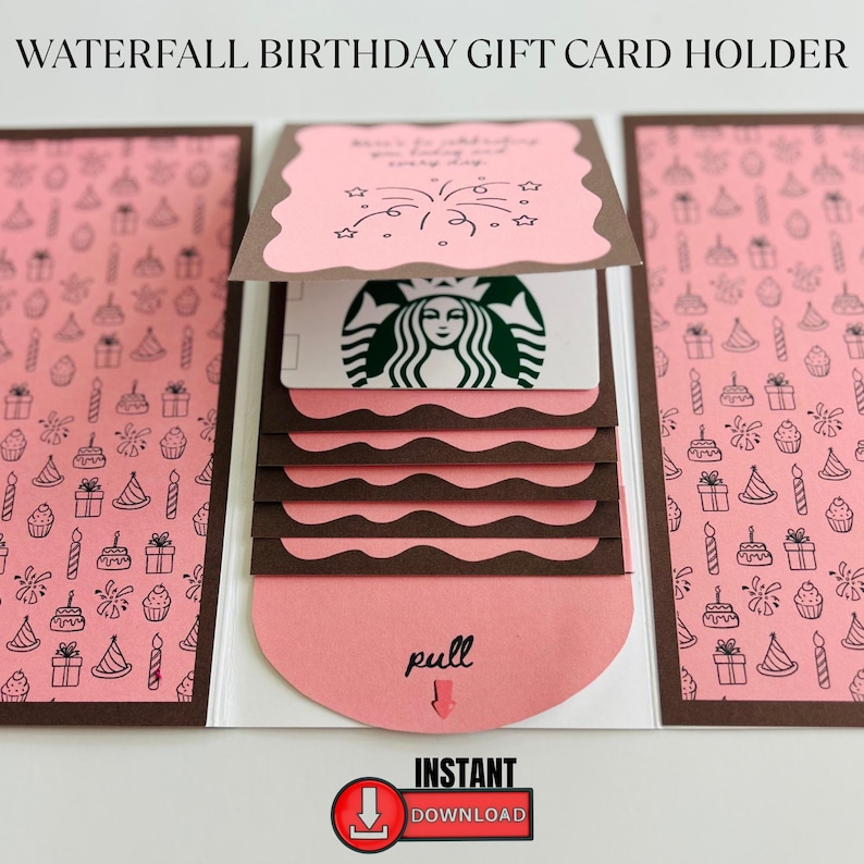 Handmade waterfall birthday gift card holder book with pink pull tabs and brown accents, designed to hold multiple gift cards like Starbucks. DIY card makes a unique birthday card, grandmother gift, coworker present, daughter surprise, or college survival kit idea.