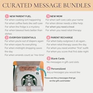 May include: A list of six curated message bundles for gift card holders, including New Parent Fuel, Everyday Essentials, New Mom, Parent Recharge, Blank Cards, and Personalized options. A small image shows a Starbucks gift card in a holder.