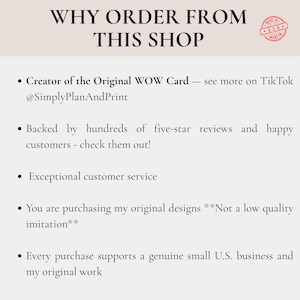 May include: A cream-colored graphic with the text "WHY ORDER FROM THIS SHOP." Bullet points highlight the shop's original designs, customer service, and support for a small U.S. business. A "MADE IN U.S.A." stamp is in the upper right corner.