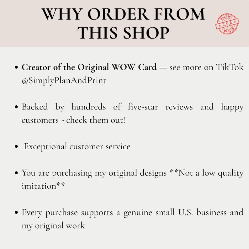 May include: A cream-colored graphic with the text "WHY ORDER FROM THIS SHOP." Bullet points highlight the shop's original designs, customer service, and support for a small U.S. business. A "MADE IN U.S.A." stamp is in the upper right corner.