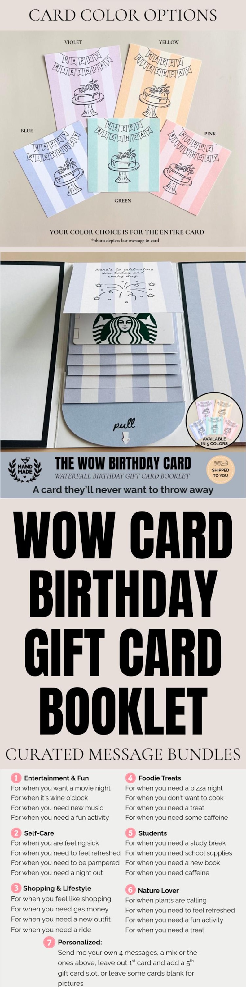 May include: A multi-colored birthday gift card booklet with color options and curated message bundles. The booklet includes a pull tab and a slot for a gift card. The card colors are violet, yellow, blue, pink, and green.