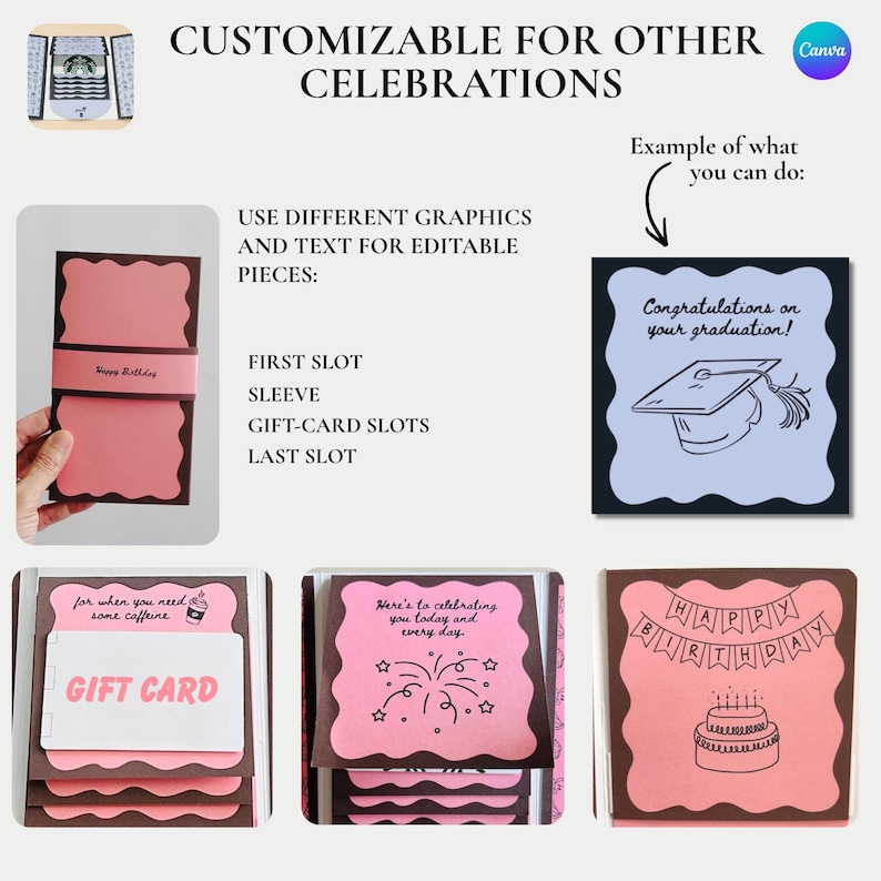 May include: A customizable gift card holder with pink and brown accents. The holder features various slots for cards and sleeves. Text includes "Happy Birthday", "Gift Card", and "Congratulations on your graduation!" The design is suitable for celebrations.