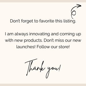 May include: Cream-colored background with black handwritten text. The text includes phrases like "Don't forget to favorite this listing," and "Thank you!" A black arrow graphic is in the upper right corner.