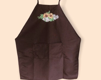 Aprons: variety of embroidered designs, Thanksgiving, humorous turkey, custom order available. Black,sunflowers,daisies,