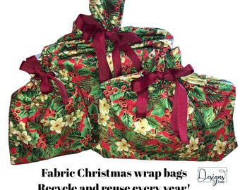 Christmas wrap, Holiday fabric gift bag, recycle and reuse every year! GO GREEN! Holly design with ribbon pull gathering.