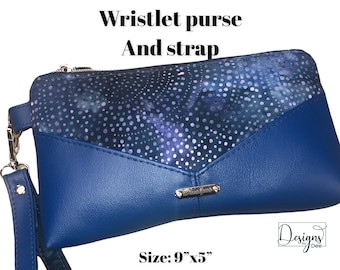 Wristlet hand bag purse -Blue with Batik fabric