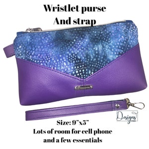 Wristlet hand bag purse -Purple with Batik fabric