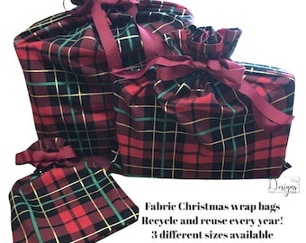 Christmas wrap, Holiday fabric gift bag, recycle and reuse every year! GO GREEN! Plaid design with ribbon pull gathering.