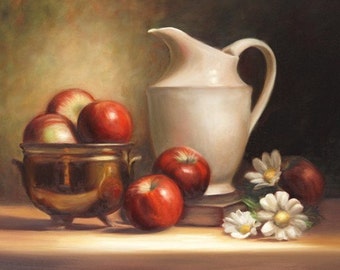 Apple Cider (3 size options-matted prints) -Original art by Dee Lessard. Fall, apples, white pitcher, white daises