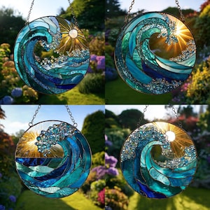May include: Four round stained glass suncatchers depicting ocean waves in shades of blue and turquoise, with a golden sun. Each piece is framed with a dark metal chain for hanging. The glass is textured, creating a realistic wave effect.
