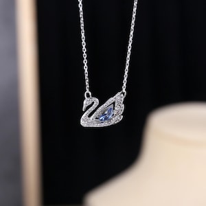 CZ Pave Swan Necklace, Swan Jumping Blue Crystal Necklace, Fashion Jewelry, Birthday Gift