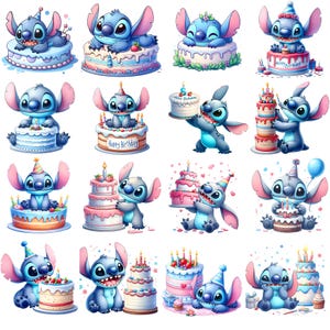 Verjaardag Sti_tch PNG-bundel – Schattige blauwe buitenaardse taart clipart voor sublimatie en doe-het-zelfprojecten