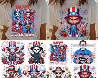 4th of July Horr0r Clipart Bundle, Scary Cute Patriotic PNG, Killer Characters in USA Style, Independence Day Sublimation Digital Download