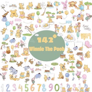 Conjunto de imágenes prediseñadas de Winnie the Pooh: más de 142 archivos PNG de bebés para manualidades infantiles, sublimación, arte infantil y paquete digital imprimible.