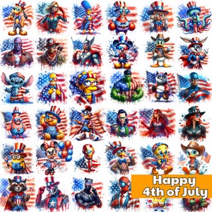 Bundle PNG de dessin animé patriotique - Sublimation du 4 juillet, personnages rétro des États-Unis, clipart de conception de t-shirt de la fête de l'indépendance
