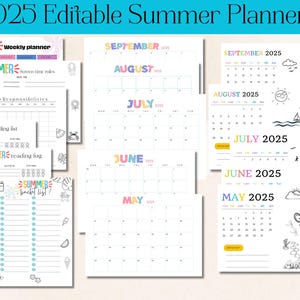 Printable Summer 2025 Planner for Kids Include Editable Summer Calendar, Bucket List, Chore Chart for Kids and Planner