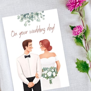 Elegante Hochzeitstagskarte – Romantische Aquarellillustration für Braut und Bräutigam