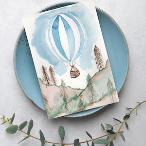 Aquarel heteluchtballon avontuur ansichtkaart - reisthema illustratie