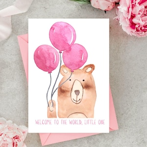 Biglietto di auguri per neonato con orsetto e palloncini dipinto a mano ad acquerello – Benvenuto piccolo