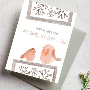 Tarjeta hecha a mano por un niño: "Mi guía, mi héroe: Papá" - Pájaros adorables - Acuarela - Regalo para el Día del Padre