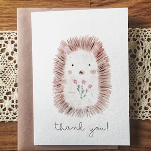 Cartão de agradecimento em aquarela com ouriço pintado à mão – Saudação de animal fofo