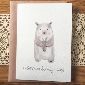 Handgeschilderde aquarelbeerkaart • "Glimlach!" • Vis • Wenskaart met boeket • Nieuw babycadeau