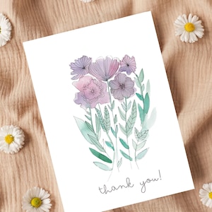 Tarjeta de agradecimiento – Tarjeta floral de acuarela – Tarjeta de felicitación botánica – Tarjeta pastel hecha a mano – Interior en blanco