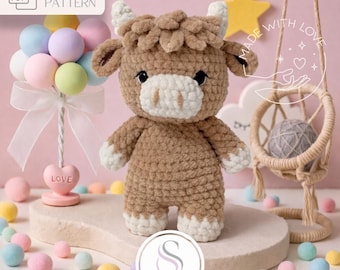 Crochet Highland Cow Amigurumi Pattern, Farm Animal Crochet Pattern, Cow Plushie Amigurumi Pattern