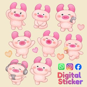 May include: A collection of pink bunny cartoon stickers with various expressions and poses, including holding a phone, wearing headphones, and eating ice cream. The stickers are on a light yellow background with hearts and the text "Digital Sticker".