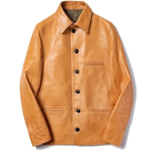 Vintage Camel Cowhide Leather Car Coat: Men&#39;s Horn Button Jacket