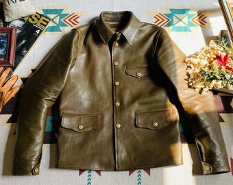Jaqueta Western de couro bovino verde-oliva - forrada com tweed Harris